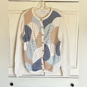 Alfred Dunner Women's Cream and Blue Patchwork Beaded Cardigan